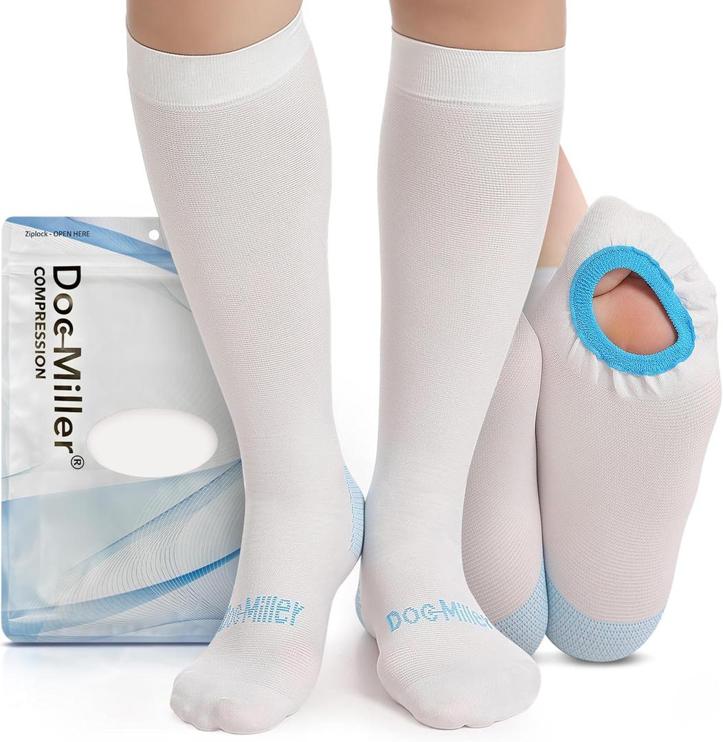 Doc Miller TED Hose Knee High Anti Embolism Stockings for Women & Men, Hospital Style Surgical Stockings, Plus Size White Compression Socks 15-20mmHg, Support Hose with Inspection Hole, Size XL