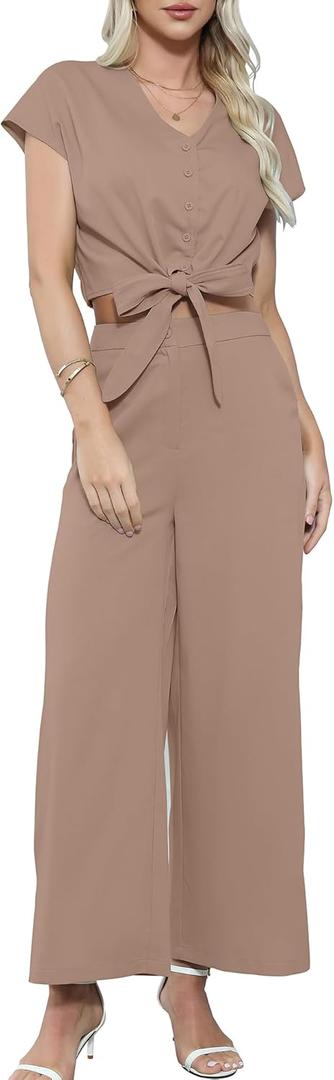 Gardenwed Women's Two Piece Outfit Set, Short Sleeve V Neck Crop Top with Tie Front and Wide Leg Pants (X-Large, Khaki)