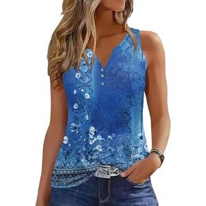 Tank Tops for Women Summer Tops Casual Button Down Shirts Loose Fit V Neck Sleeveless T Shirts XL Blue