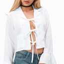 KUOIN Women Tie Front Blouse, Casual Long Sleeves Tops Plaid White Shirt (US, Alpha, Small, Regular, Regular, White A)