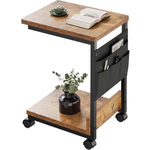 YeTom Side Table,C Table with 2-Tier Storage Shelf, End Table with a Storage Bag, Sofa Table with Wheels for Living Room, Bedroom, Office, Bathroom, Rustic Brown 15.75"D x 11.02"W x 22.05"H