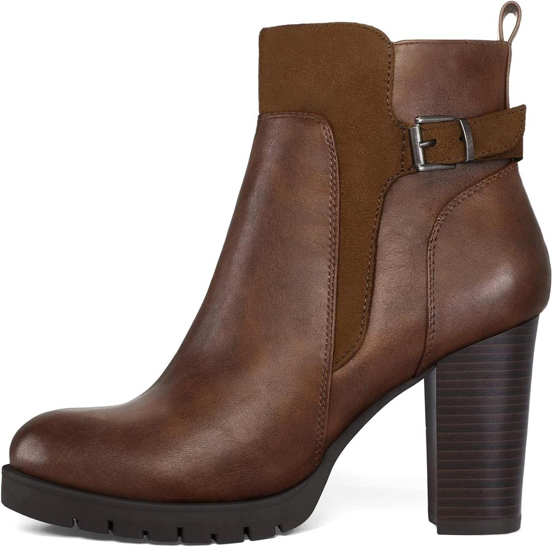 mysoft Women's Ankle Boots Chunky Stacked Heel Zipper Booties (7.5, Dark Brown)