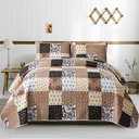 Mybedsoul Brown Patchwork Quilt Set California King Size,3 Pieces Khaki Floral Plaid Reversible Bedspread Coverlet Set for All Season,Summer Soft Microfiber Bedding Set 96"x 106"