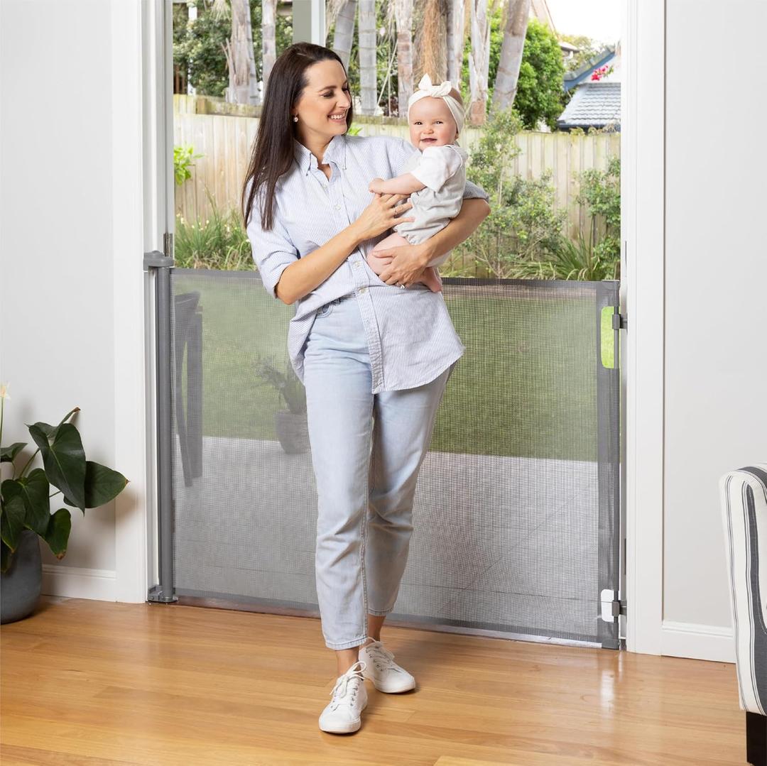 Retractable Baby Gate Perma Child Safety 41" Tall x 71 Wide, Mesh, for Stairs, Doorways, Dogs, Pets, Indoor, Outdoor, One-Handed Operation, Locking, Easy Install, Hardware Mount, Gray