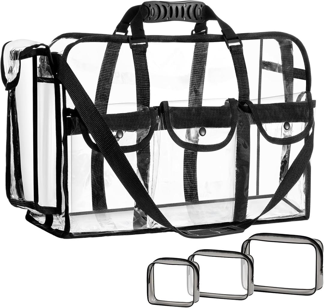 Sanwuta Large Clear Duffle Bag 20 x 12 x 7 Inches See Through Makeup Tote Bag with Pockets and 3 Small Cosmetic Pouch Transparent Toiletry Organizer Waterproof for Travel Work Artist Gym Sport Event