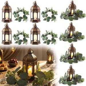 8 Sets 7in Large Vintage Ramadan Lantern, LED Candle Lantern Decorative with Artificial Eucalyptus Candle Rings for Wedding Centerpiece Decor Party Table Decorations Valentine's Day Decor
