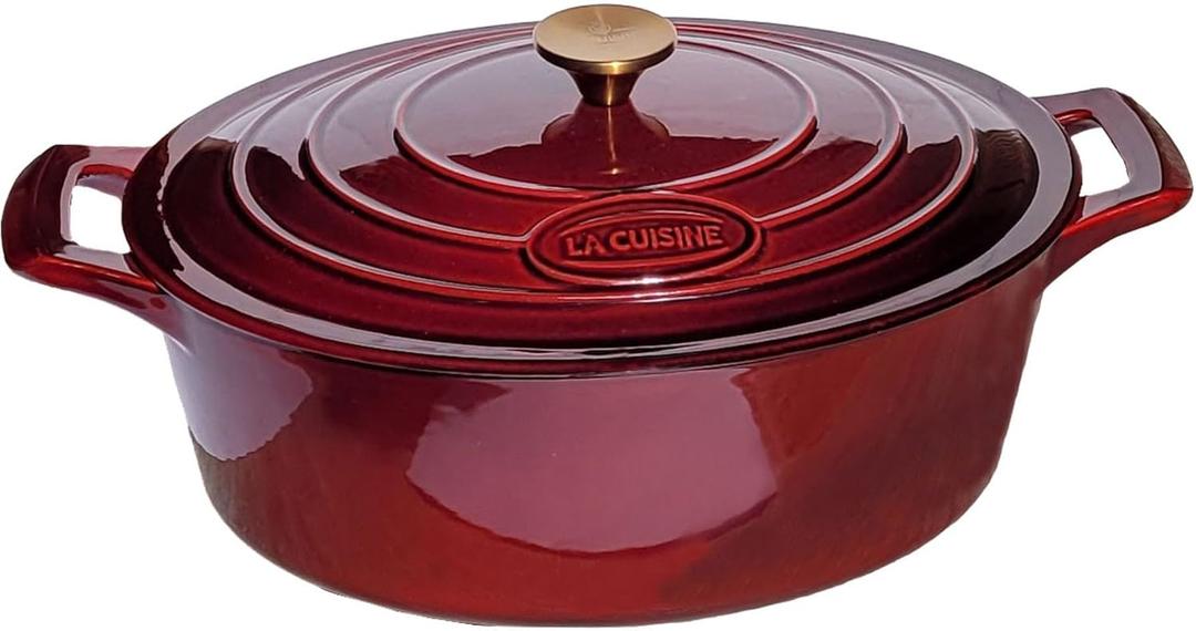 La Cuisine Enameled Cast Iron Oval Dutch Oven Casserole Dish Pot with Lid 5 QT Internal Matte Black Enamel Coating, Cranberry, Gold-Plated Stainless Steel Lid Handle, Oven Safe La Cuisine Enameled Cast Iron Oval Dutch Oven Casserole Dish Pot with Lid 5 QT Internal Matte Black Enamel Coating, Cranberry, Gold-Plated Stainless Steel Lid Handle, Oven Safe