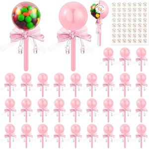 30 Pcs Rattle Party Favors Shower Bottles with Bow Crystal Bear Pacifier Ornament Pink Fillable Rattle Plastic Candy Bottle and 56 Thank You Label Stickers for Birthday Gift Decoration