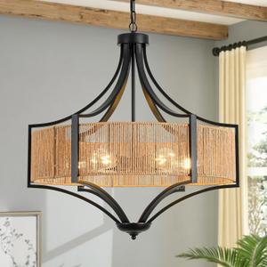 25.6" Rattan Farmhouse Chandelier Teardrop Light Fixtures, 6-Light Rustic Rattan Pendant Lighting with Straight Woven Shade Boho Black Hanging Light for Dining Room Living Room Kitchen Island Bedroom