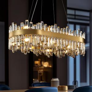 Gold Crystal Chandelier for Dining Room, 16-Light Luxury Rectangle K9 Crystal Hanging Ceiling Light,L35.4 xW15.7 xH9.8 Kitchen Island Light Fixture,Adjustable Chain