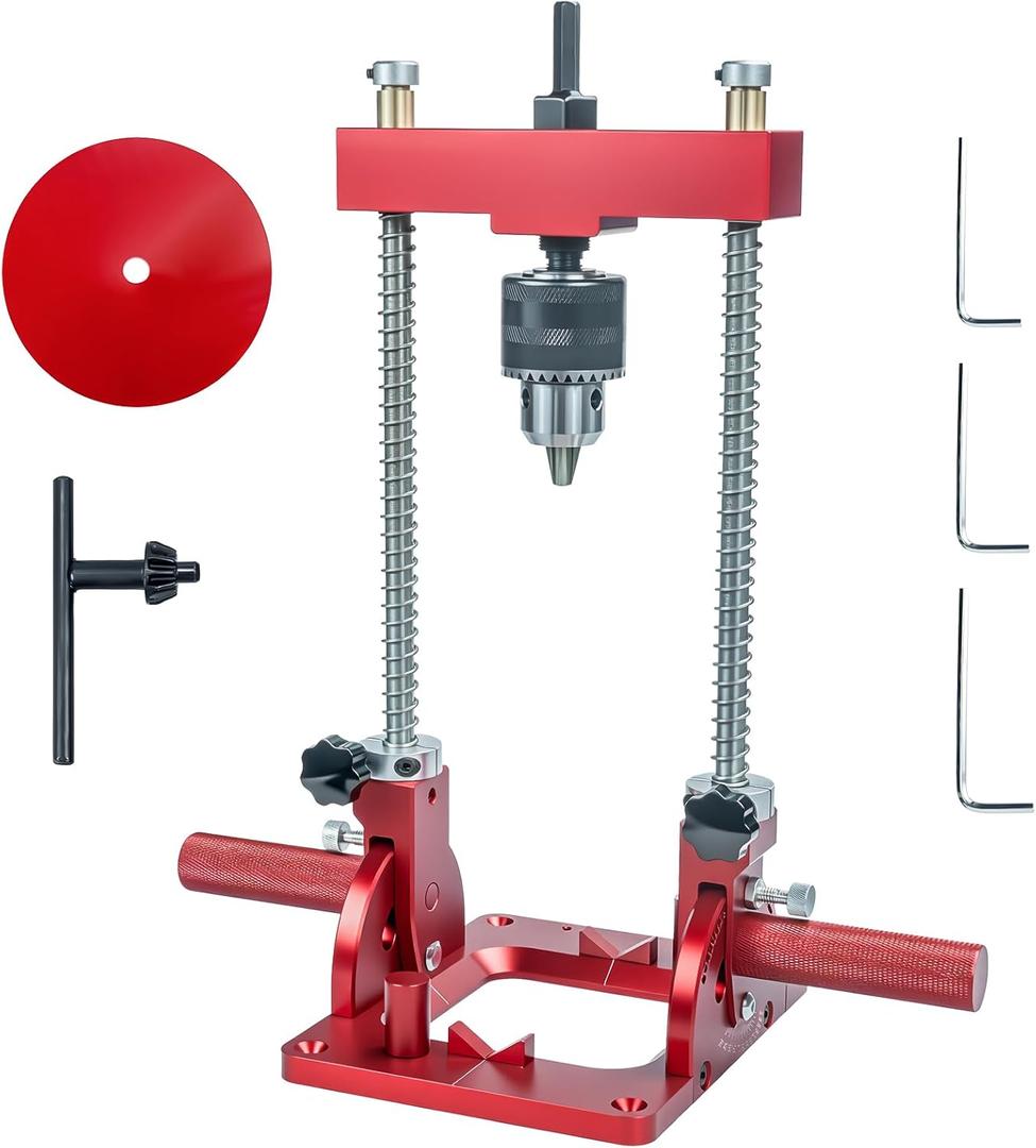 New Upgraded Protable Drill Guide for Straight HolesAdjustable 0 to 60 Heavy Duty Multi-Angle Drill Press Guide Adapter for Hand Drill,with 1/2" Chuck,Key, Precision Drilling Jig for Wood Working (Red)