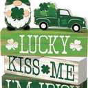 5 Pcs St Patricks Day Table Decoration Wooden Stacked Block Decor Rustic Irish Tiered Tray Sign with Gnome & Truck, "lucky Kiss Me I'm Irish" Table Centerpiece for Home Kitchen Shelf Mantel