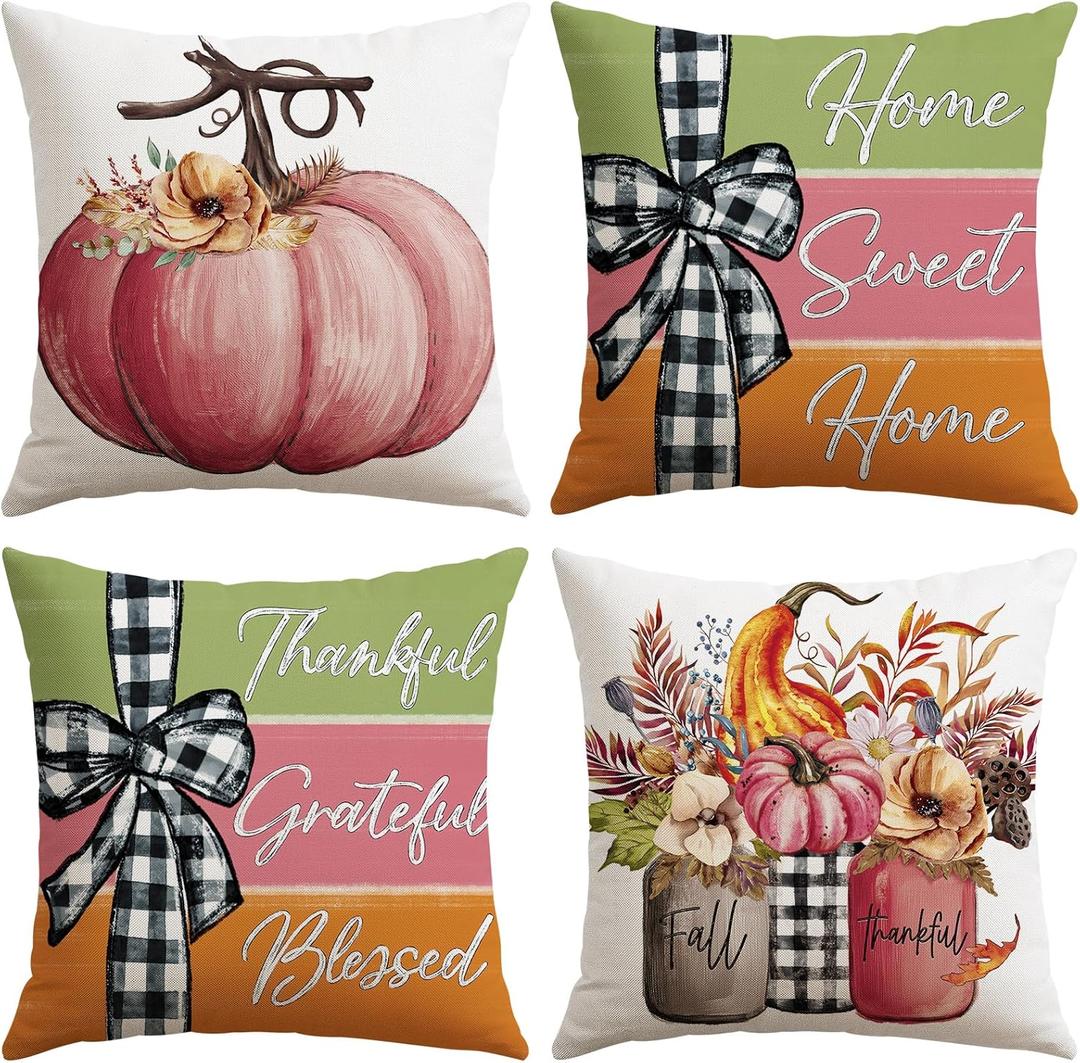 Artscope Fall Decorative Throw Pillow Covers 20x20 Inch Set of 4 Fall Gifts for Home Decor, Autumn Pumpkin Sweet Home Thankful Grateful Blessed Outdoor Farmhouse Pillow Cases for Sofa Couch-Pink