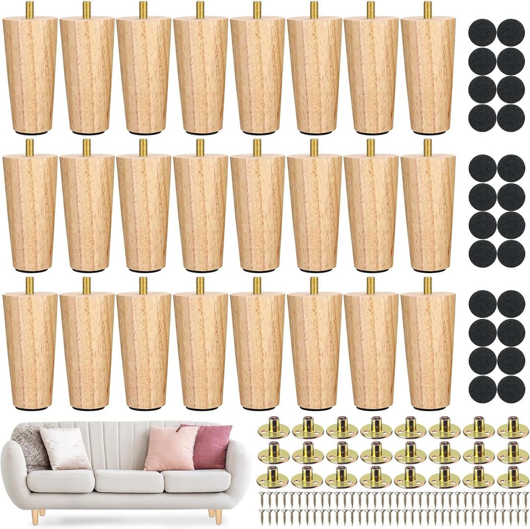 Maitys 4 Inch Round Solid Furniture Legs Furniture Wooden Replacement Chair Feet Dresser Sofa Couch Legs Table Cabinet Footstool DIY Projects for Home(Wood,24 Pcs)