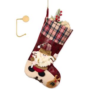 1 Pack Jumbo 3D Christmas Stockings with Golden Hooks, Extra Large 18'' Xmas Socks for Fireplace Mantel Decor, Holiday Hanging Stockings Set for Gifts (Plaid Santa)