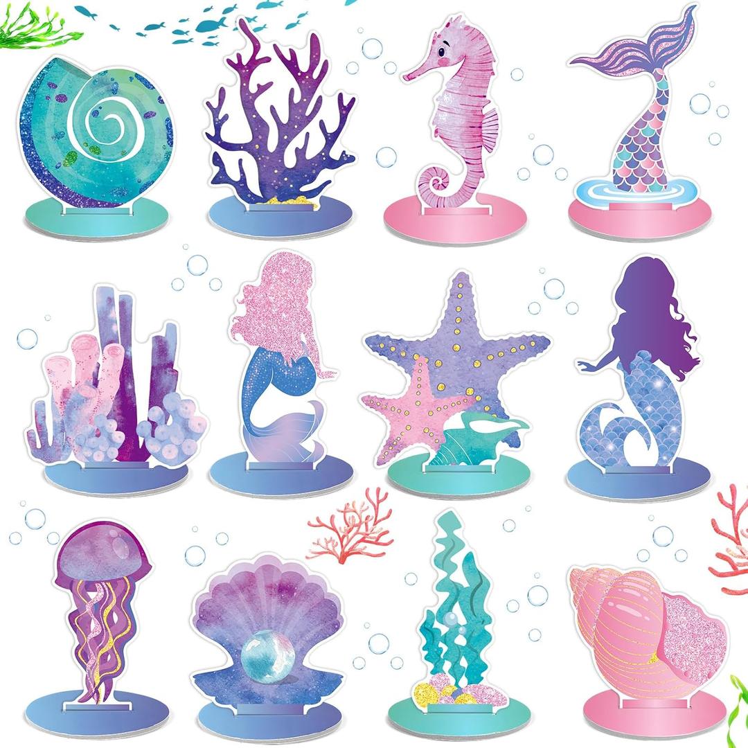 24 Pcs Mermaid Birthday Decorations Little Mermaid Table Centerpiece Under the Sea Centerpiece Ocean Theme Table Ornaments for Girl Baby Shower Ocean Theme Birthday Party Supplies DIY Decor