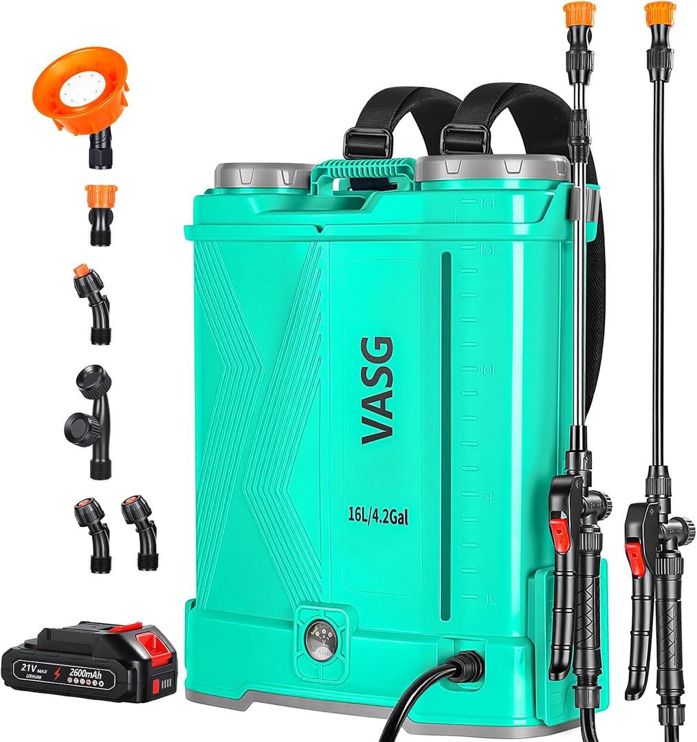 Battery Powered Backpack Sprayer 4 Gallon, 21V 2.6Ah Electric Pump Sprayer with 6 Nozzles, Telescopic Wand for Garden Weed Lawn Yard Clean