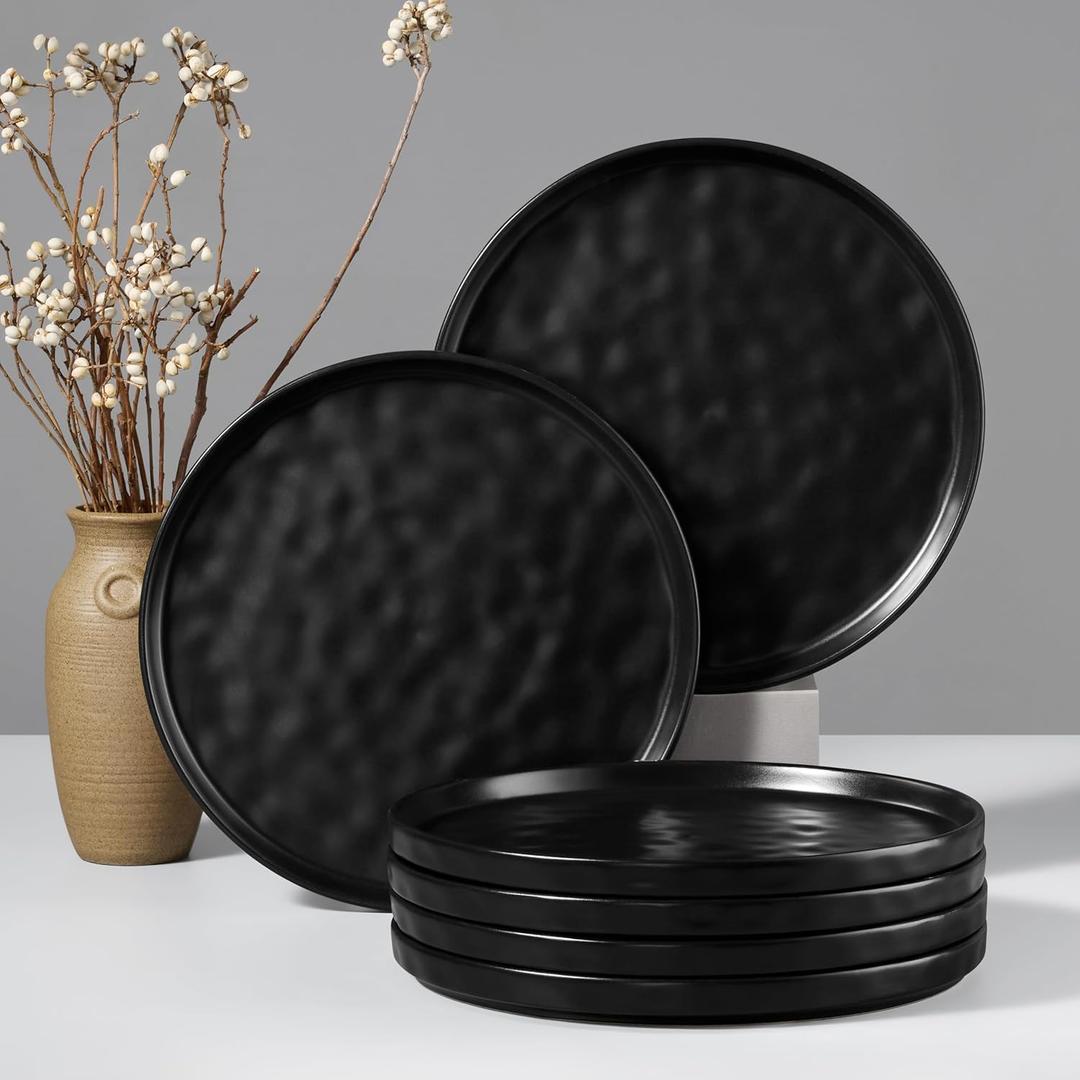 HaWare Stoneware Dinner Plates Set of 6, 10" Heavy Duty Ceramic Plate, Reactive Glaze Ripple Dinnerware for Home Restaurant, Chip and Scratch Resistant, Microwave and Dishwasher Safe, Matte Black