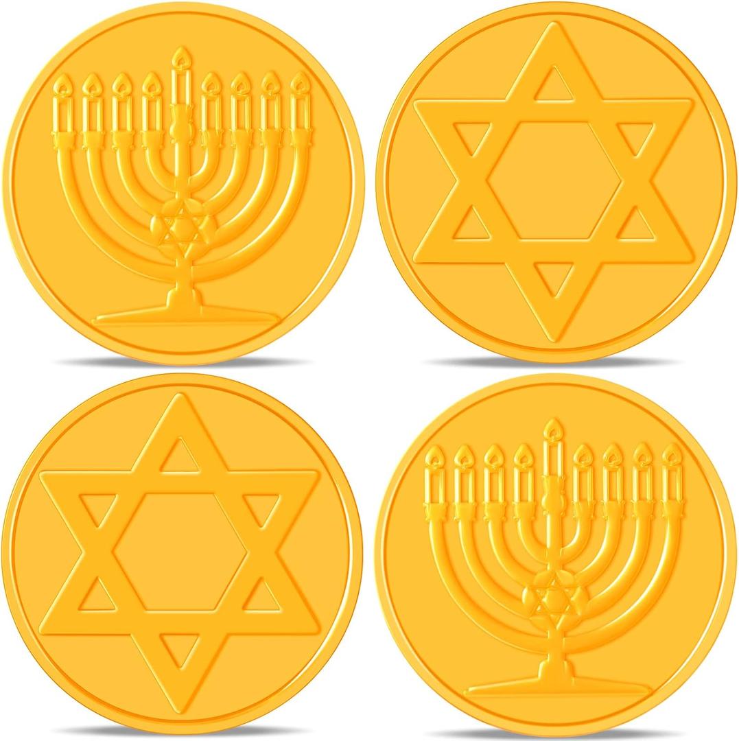 240 Pieces Hanukkah Coins Hanukkah Gelt Coins Plastic Gold Coins Treasure Hunt Coins Hanukkah Activity Party Coins with Gold Organza Bag for Treasure Hunt Game and Party Favors, 2 Styles