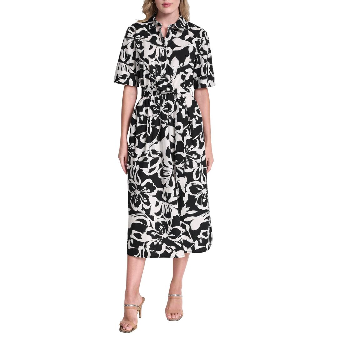 DKNY Women's Short Sleeve Cotton Poplin Collared Shirtdress, Black/Ivory, Size 12