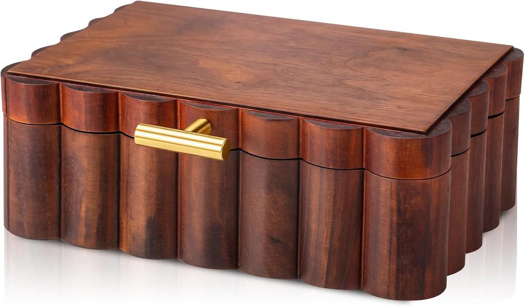 Nosiny Scalloped Wooden Jewelry Box Trinket Organizer with Lid Fan Shaped Decorative Storage Box for Keepsake, Rings, Earrings, Photos, Home Nightstand Dresser Display, 7.25 x 10 x 3.88 Inches