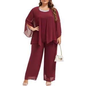 Mother of Bride Pant Suits 3 Piece Chiffon Sets Hand Sewn Diamonds Wedding Guest Outfit Size 8