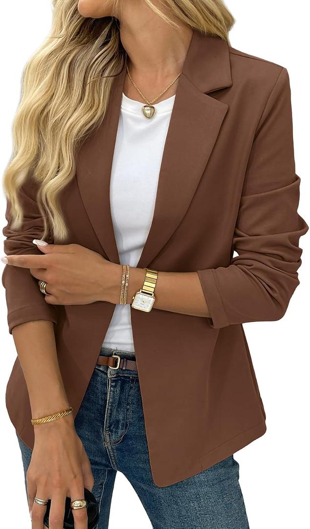 ELLEVEN Women’s Business Casual Open Front Blazers, Stretchy Knit Long Sleeve Blazer Work Office Suit Jackets (Brown, XXL)