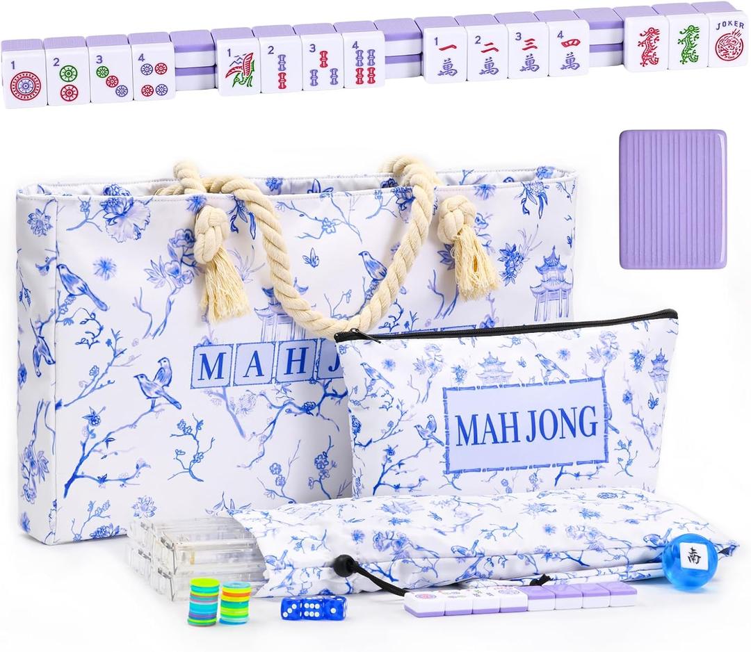 American Mahjong Set with Racks, 166 Purple Tiles, White Mahjong Bag and Accessories, Mahjong Tile Set for Beginners (Mah-Jongg)