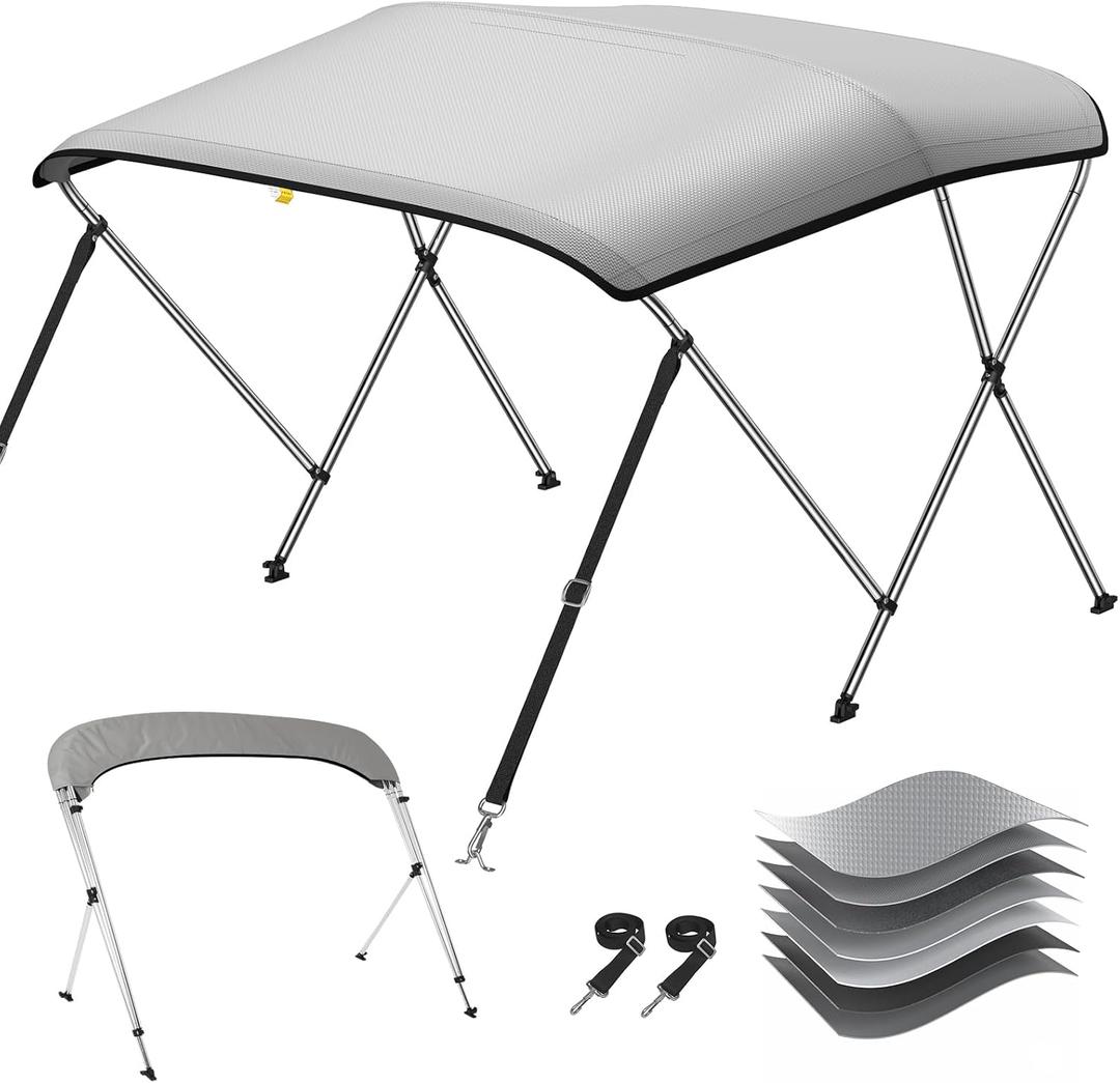 KAKIT Bimini Top for Boats, Heavy Duty 7 Layers 1200D Oxford Boat Canopy with Support Poles & Storage Boot(3 Bow 6'L x 46" H x 54"-60" W,Grey)