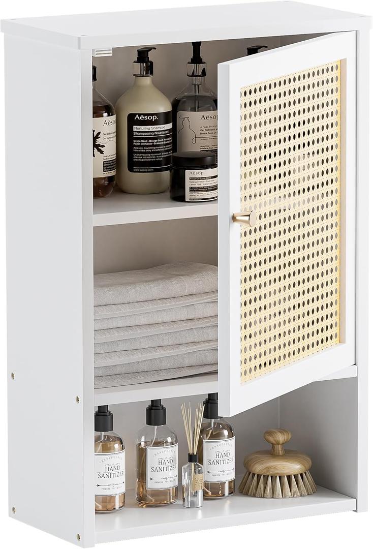 HITNET Bathroom Cabinet Wall Mounted, Rattan Medicine Cabinet, Bamboo Hanging Storage Organizer Over The Toilet with Adjustable Shelf for Living Room, Kitchen, Hallway (White)
