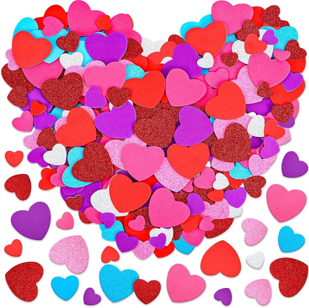 Natonhi 928 Pcs Valentines Heart Stickers, 8 Colors & 3 Sizes Self-Adhesive Glitter Matte Foam Heart Stickers Valentine's Day Crafts for Kids Wedding Scrapbook Decorations