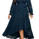 Navy Blue Dress Women Plus Size Wedding Guest Cocktail Fall Semi Formal Floral Long Sleeve Wrap High Low Maxi Dresses, 14 Plus