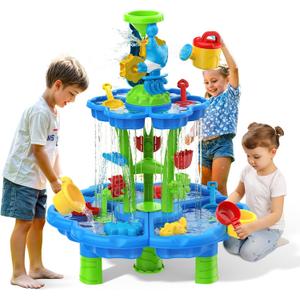 Kids Flower Water Sand Table for Toddlers - 2-Tier Outdoor Water Sand Play Table Toys for Boys Girls, Summer Splash Activity Sensory Table Party Birthday Gift for Kids 3-5 6-12(Blue)