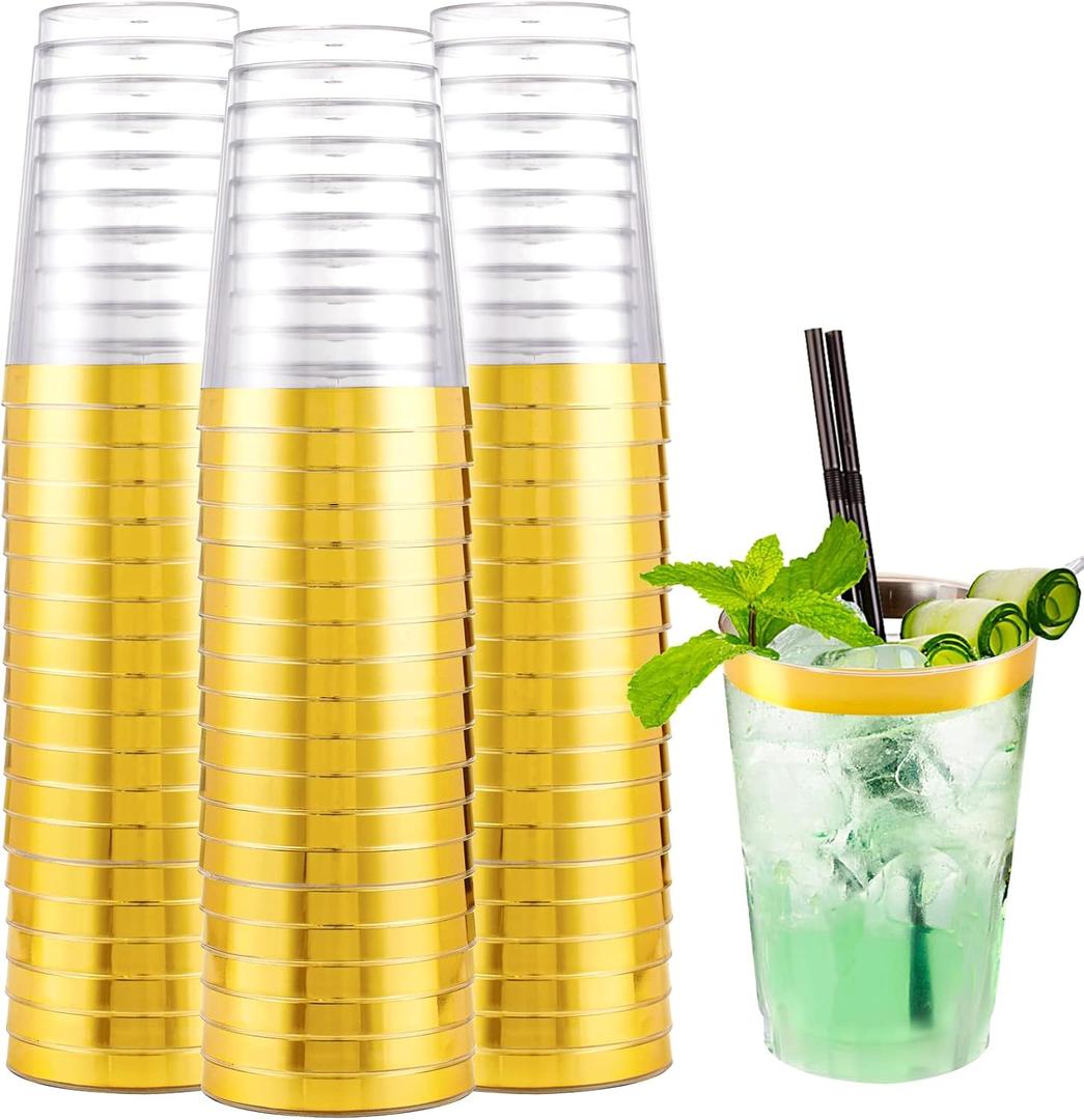 I00000 200 Pack Gold Plastic Cups, 10 oz Clear Plastic Cups Gold Rimmed Disposable Wine Glasses Fancy Disposable Party Cups Wedding Cups Drinking Tumblers Plastic Cocktail Glasses with Gold Rim (10-Gold-200)
