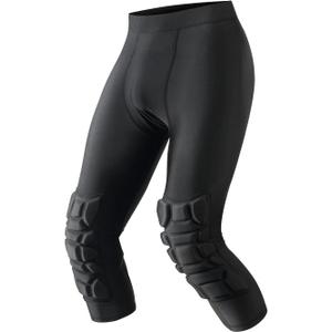 Men Basketball Leggings with Knee Pads, 3/4 Padded Compression Pants with Cup Pocket (Black, L)