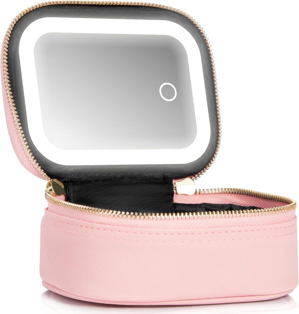 Small Makeup Bag Travel Train Case with Mirror and Light Mini Travel Make up Train Case Cosmetic Organizer 3 Adjustable Brightness Toiletry Bag Portable Artist Storage (Pink)