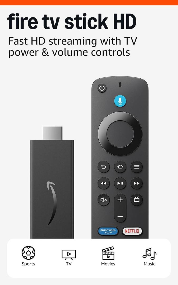 Like-New Fire TV Stick HD, free and live TV, Alexa Voice Remote, smart home controls, HD streaming