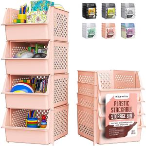 TidyFriend Stackable Storage Bins for Pantry, 4 Pack Stackable Bins For Organizing Food, Kitchen, and Bathroom Essentials (Cream)