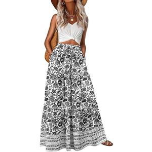 Lepunuo Womens Casual Boho High Waisted Flowy Maxi Skirts Trendy Floral Cute Long Skirts with Pockets, Small,  Floral Porcelain Black 