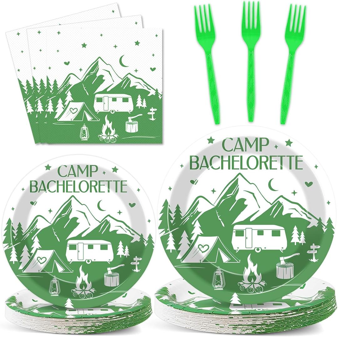100 PCS Camp Bachelorette Party Supplies Tableware Set Mountain Camp Bachelorette Party Decorations Favors Paper Plates Napkins Forks for Girls Bridal Shower Wedding Engagement Serves 25 Guests