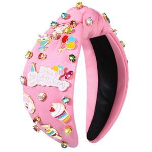 YAHPERN Birthday Headband for Women - Beaded It's My Birthday Knotted Top Knot Crown With Rhinestone Crystal - Hair Accessories for Party Decorations Gifts (Pink 3)