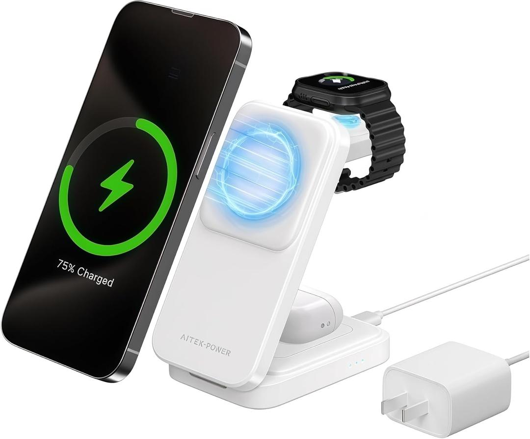 Wireless Charger Stand 3 in 1 Charger, Foldable iPhone Charging Station with 20w Adapter, Qi2 Certified Magnetic Wireless Charger for iPhone 17/16/15/14/13/12 Series & Airpods & iwatch