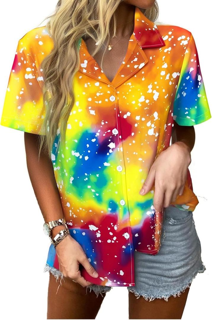 Women Hawaiian Shirt Soft Cool Summer Hawaii Tshirts Beach Tropic Print V Neck Button up Tops Floral Short Sleeve Tops (Medium, Tie Dye Yellow-2)