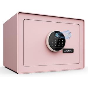 Goldenkey Luxury Jewelry Safe with Fingerprint&Keypad Lock, Document Safe Box with Soft Velvet Lining, Removable Shelf, High Security for Home Office, Hotel, 1.2 Cu.Ft./ Pink