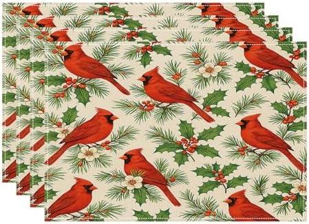 Red Birds Placemats Set of 4, Xmas Pine Tree Forest 12 X 18 Inch Washable Table Mats Seasonal Heat Resistant Kitchen Dining Party Decoration Place Mats