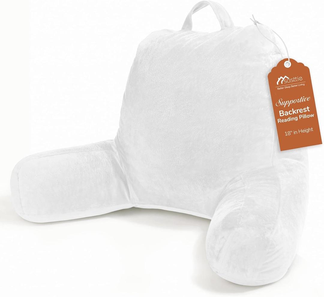 Sasttie Reading Pillow, Velvet Back Pillow for Bed Sitting Up, Adult Back-Rest Support Cushion with Arms for Sit Up on Couch, Sofa, and Floor, Dorm Essentials, Reading Accessories, White, Standard