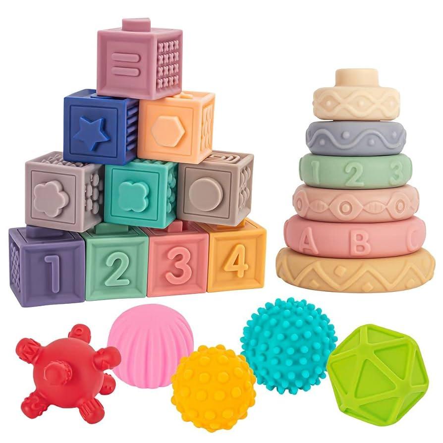 Baby Toys for 6 to 12 Months, Montessori Sensory Bins & Teething Toys, 6 in 1 Stacking Blocks, Rings, Eggs, Spinner, Crab Shape, 27 Pieces, Ages 6-36 Months