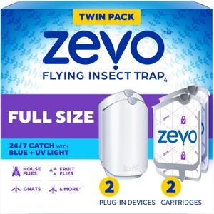 Zevo 2 Flying Insect Traps & 2 Refill Cartridges - Plug in Fly Trap & Indoor Bug Catcher for Gnats, House & Fruit Flies - Blue & UV Light Technology, Mess-Free Alternative to Bug Zapper