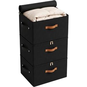 Tuza 3 Pack Foldable Storage Bin with Lid, Heavy-Duty Fabric Storage Box with Reinforced Handles, Collapsible Closet Organizer for Clothes, Bedding, Wardrobe & Bedroom Organization(Black, 56L)