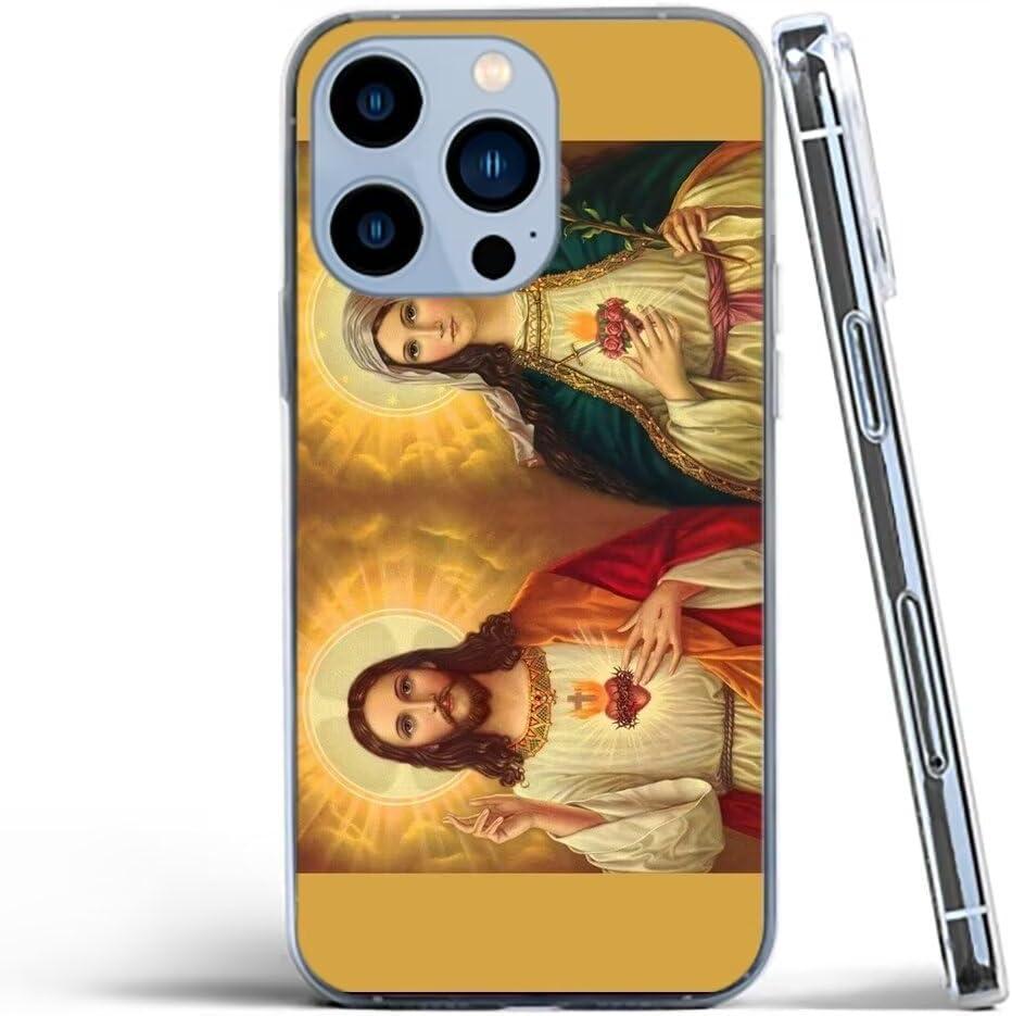 Phone Case Compatible with iPhone 14 Case Jesus and Virgin Mary Heart Religion Immaculate Catholic Silicone Shockproof Phone Cover